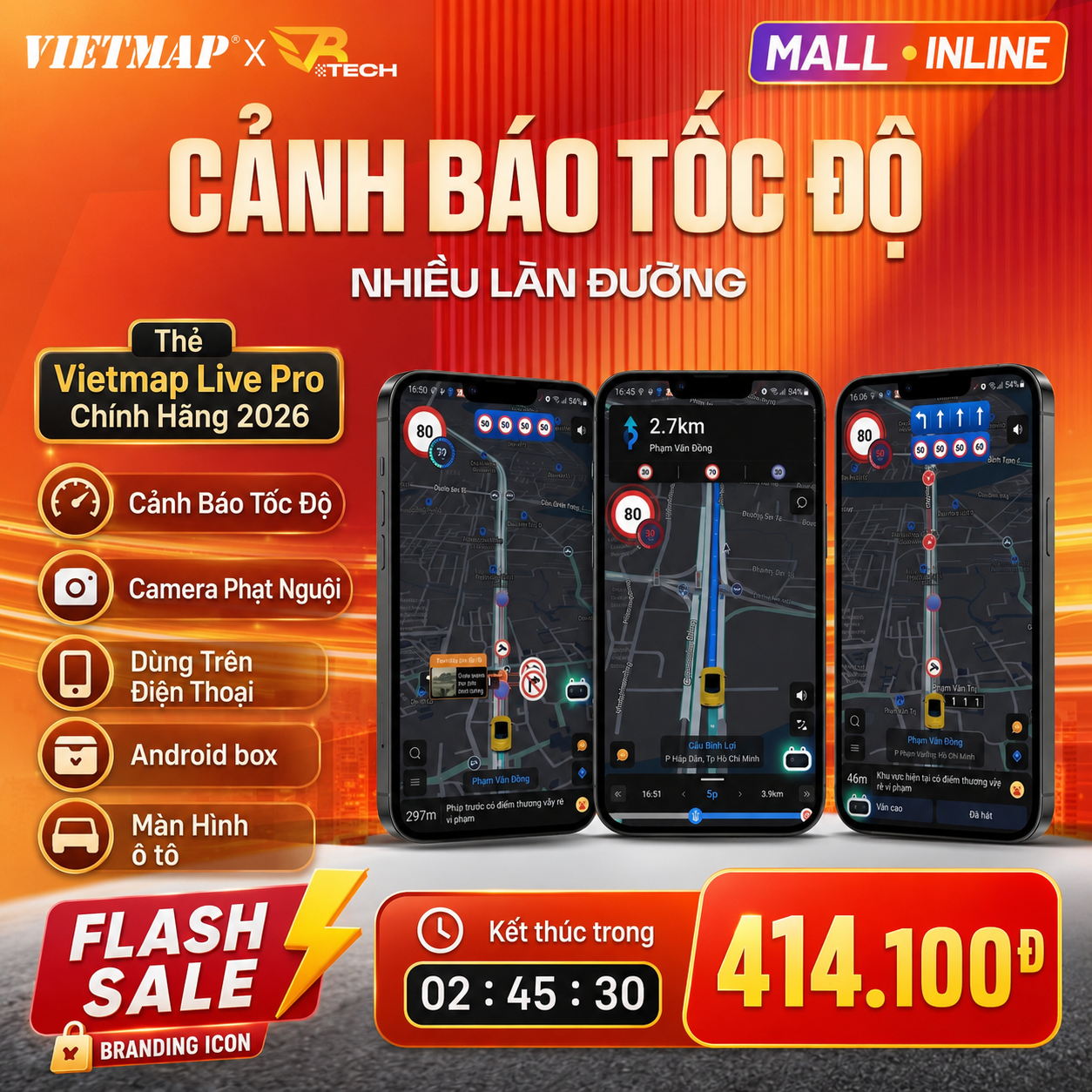 Vietmap Live Pro - Cảnh báo tốc độ, Camera phạt nguội, Dùng trên điện thoại/Android box/Màn hình ô tô - Flash Sale giá 414.100đ